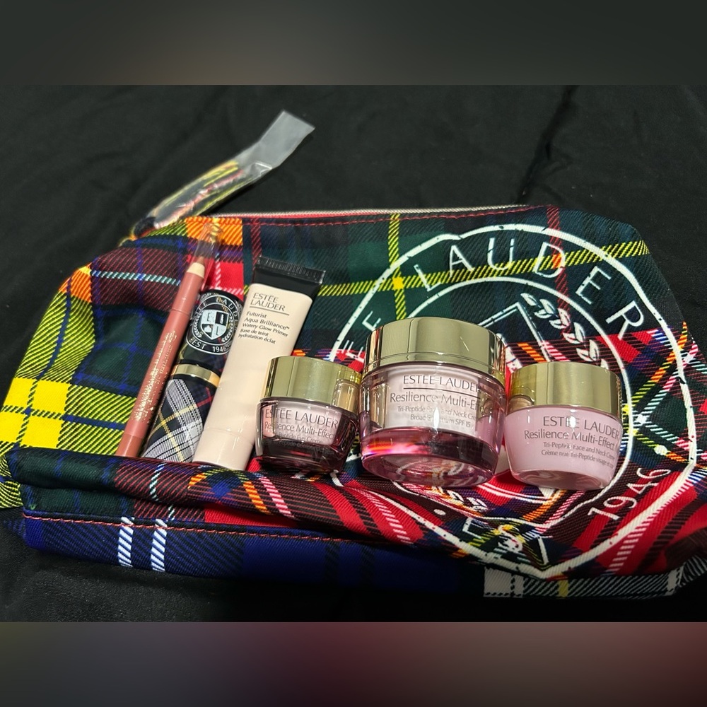Estée Lauder Skincare and Makeup Set with Plaid Bag